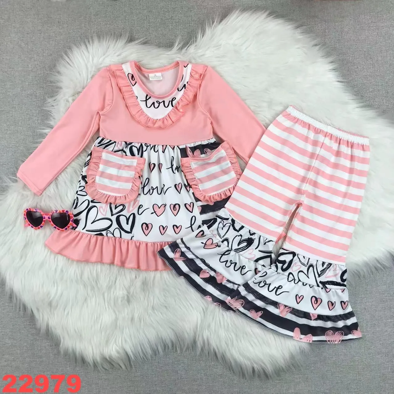 Kids Sets Valentines Day Love Girl Baby Dress and Pants Set 2 Pieces Pure Cotton Romantic Childrens Girls Clothes