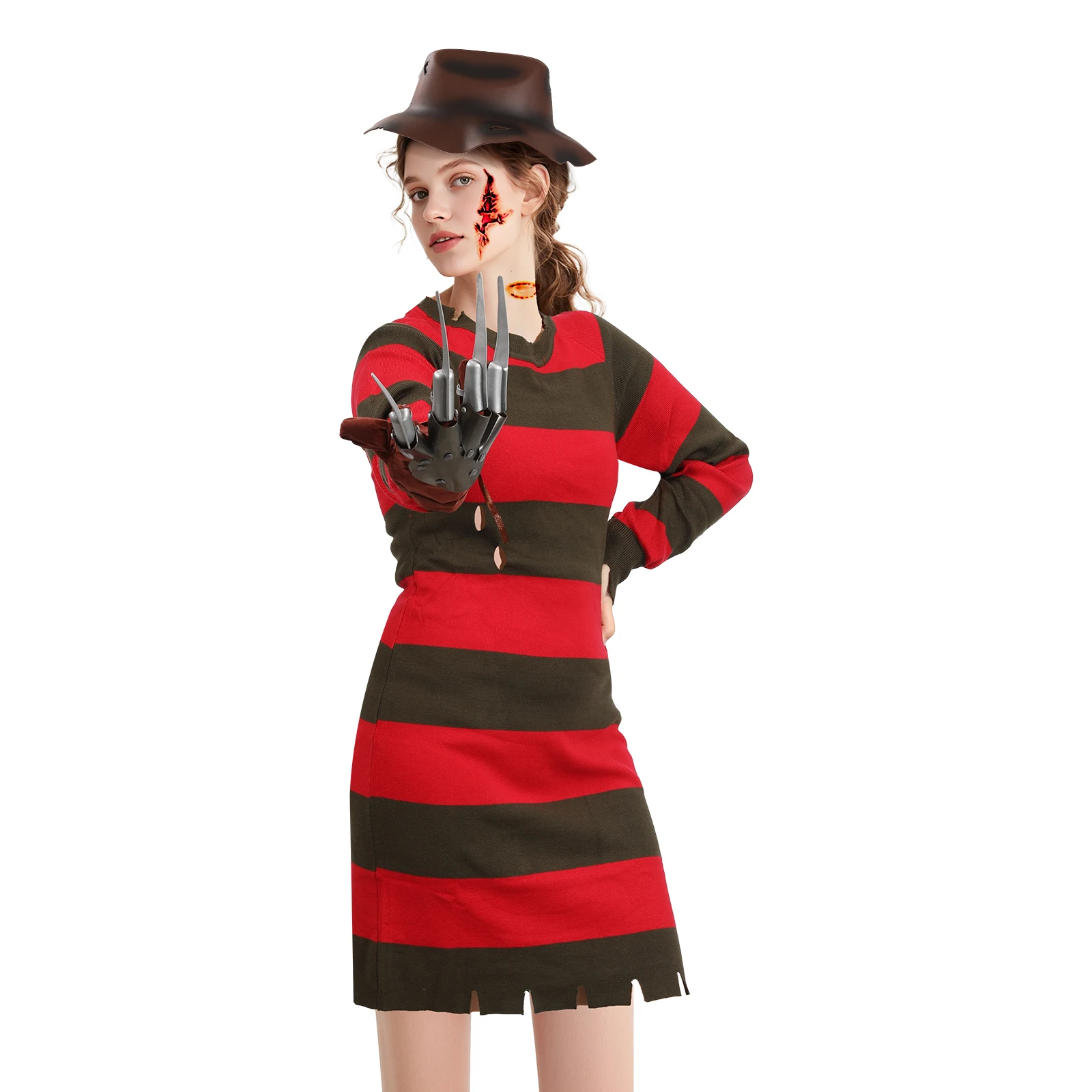4Pcs Freddy Krueger Costume Women Halloween Nightmare Killer Knitted Dress Hat Gloves Scar Stickers Carnival Costume - Image 2
