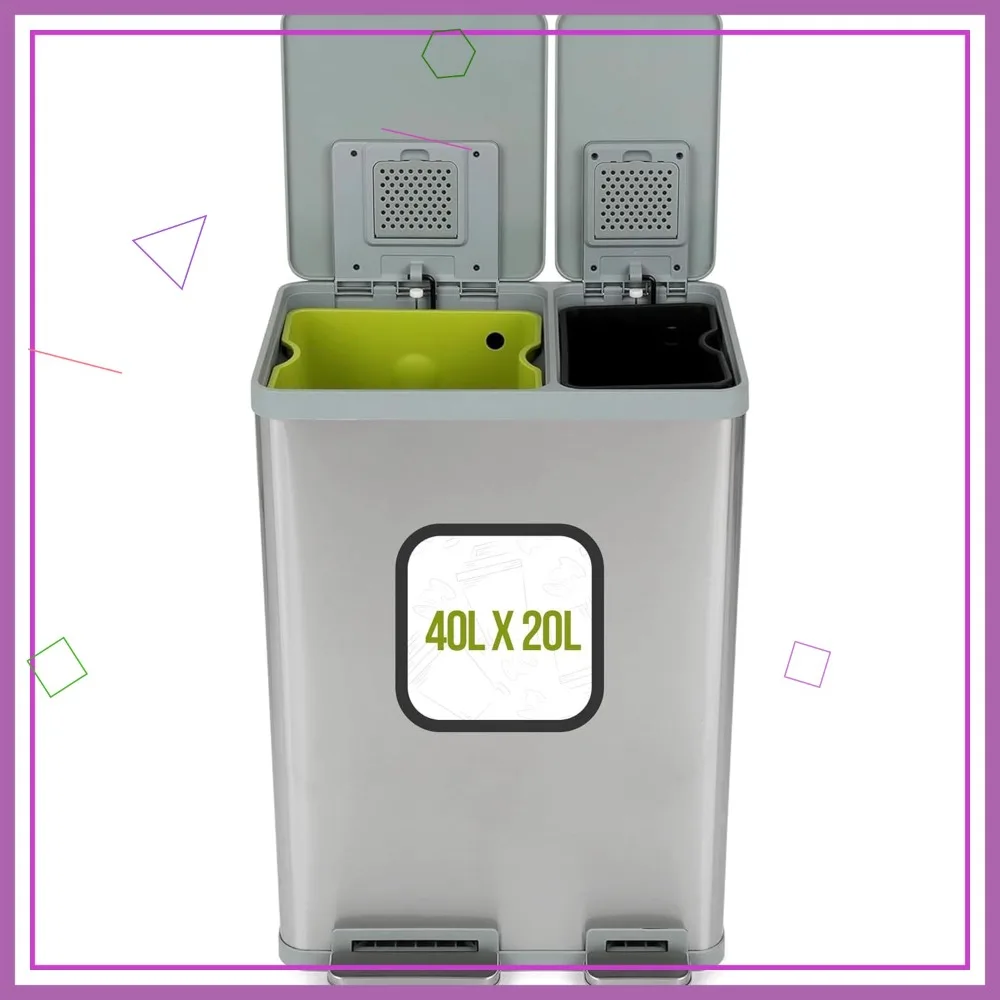 Cubo de basura de doble compartimento con sensor de 60L/16Gal, tapa de cierre suave, acero inoxidable cepillado (40L+20L)