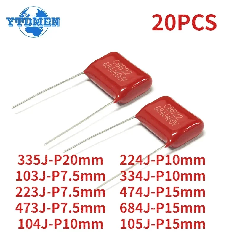 20PCS 400V CBB Polypropylene Film Capacitor 104 103 105 223 224 334 335 473 474 684 0.1UF 0.01UF 1UF CBB Capacitor Kit