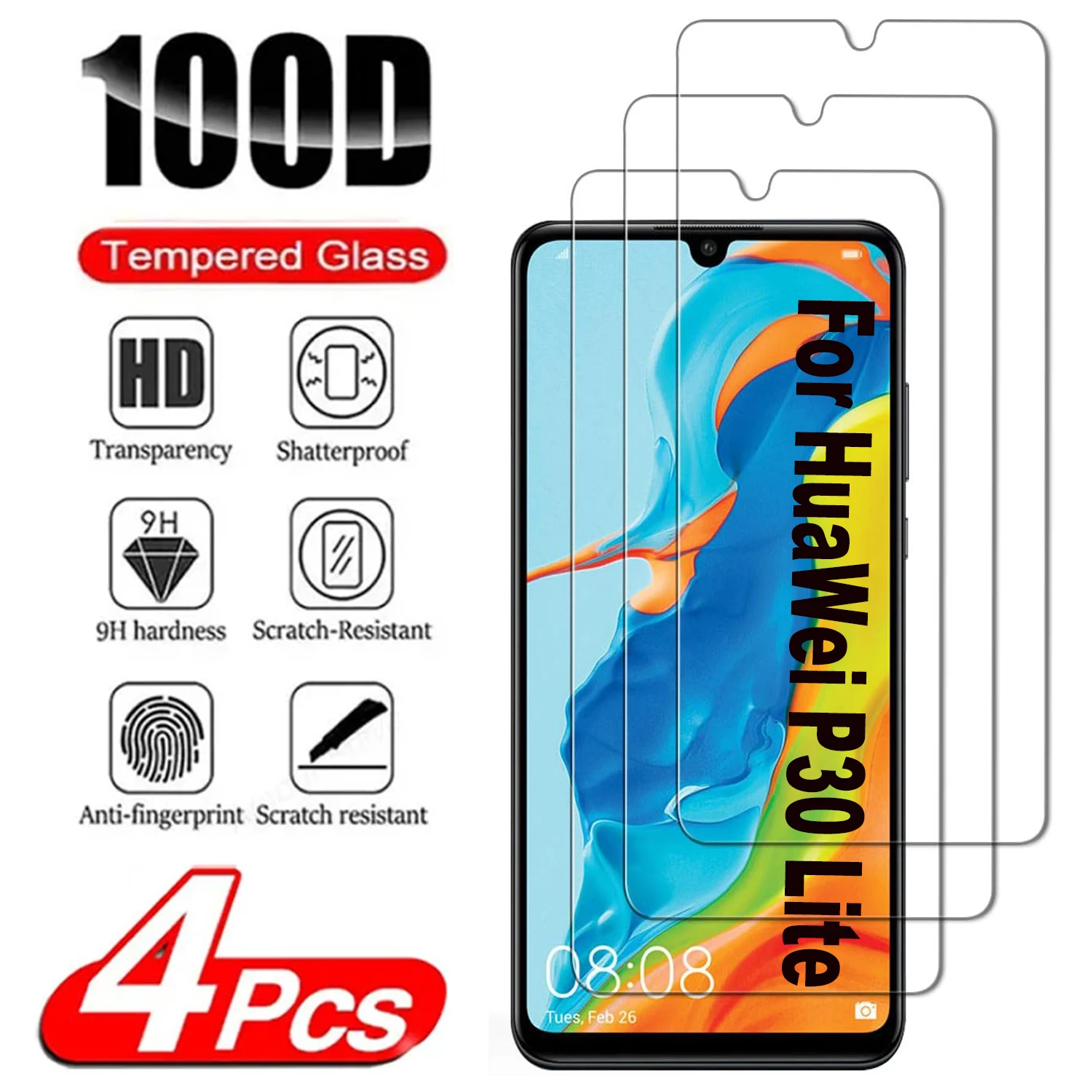 For HuaWei P30 Lite,Tempered Glass, HD Screen Protector 2/4Pcs 9H
