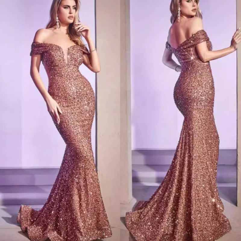 

3D Sequin Evening Dress Gold Stamping Dress 2024 Commute Solid Color Banquet Long Dress Zipper Waist A-line Collar Evening Dress