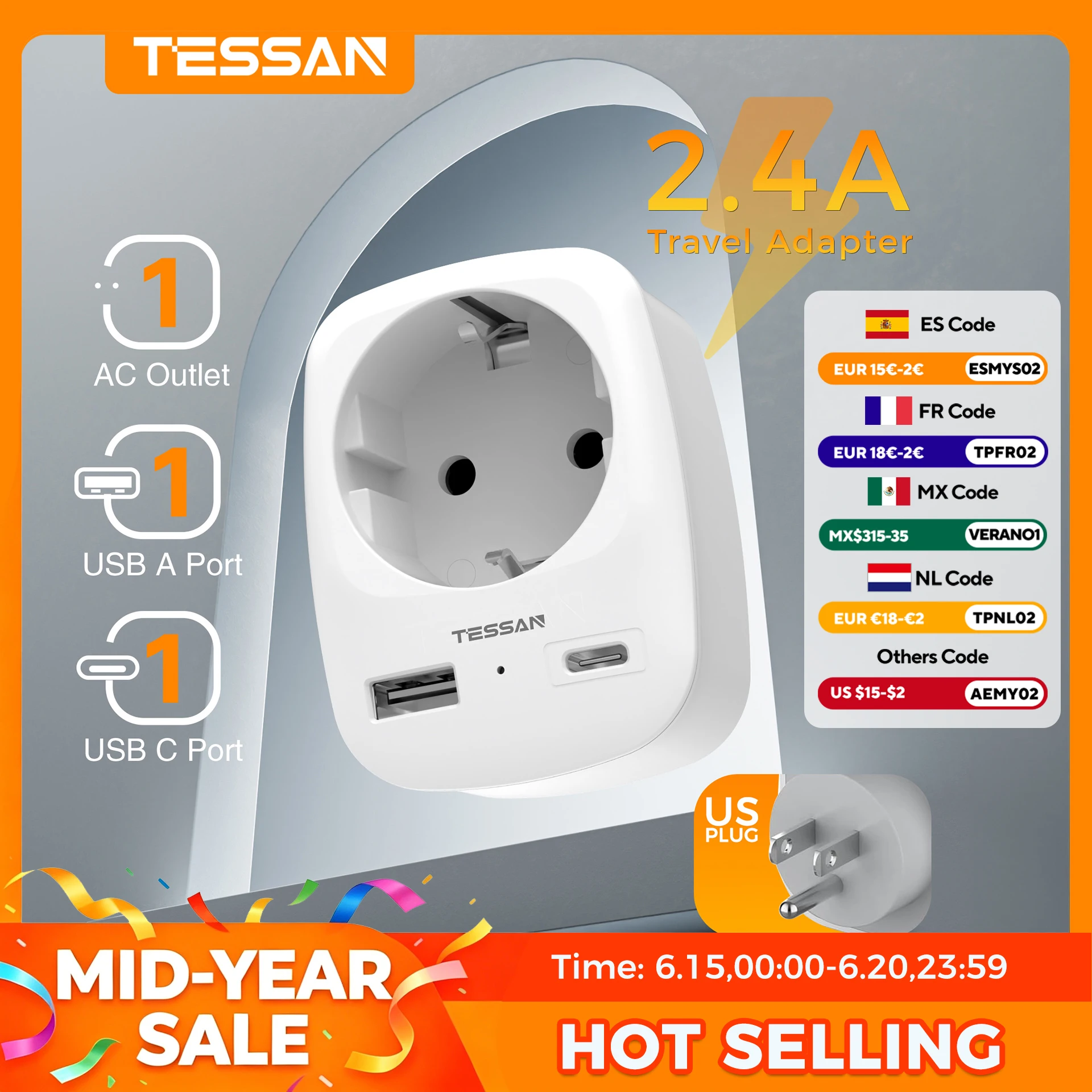TESSAN Travel Adapter EU To USA Adapter America Europe Plug with USB C 3A Socket Adapter Travel Power Adapter for Canada Mexico
