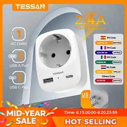 TESSAN Travel Adapter EU To USA Adapter America Europe Plug with USB C 3A Socket Adapter Travel Power Adapter for Canada Mexico