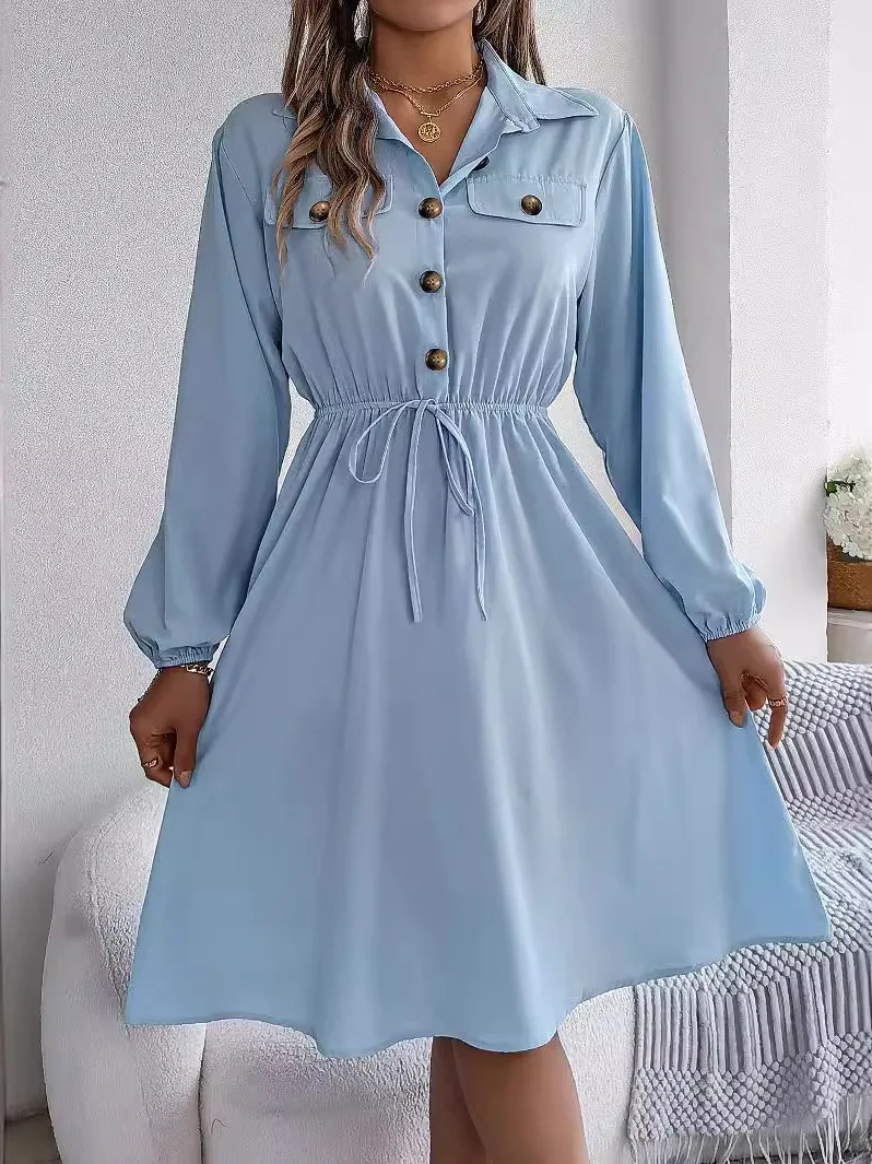 Casual Button Tie Waist Long Sleeve Shirt Dress Women's Skirt Elegant A-Line Silhouette V-Neck Polyester Winter Fashion