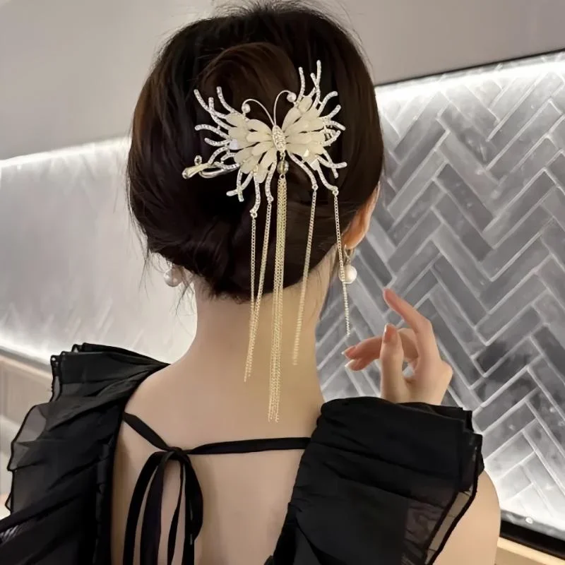 Fashionable Black Butterfly Tassel Grip Clip Retro Women\'s Chain Tassel Rhinestone Hair Clip Chinese Hair Accessory Hair Clip