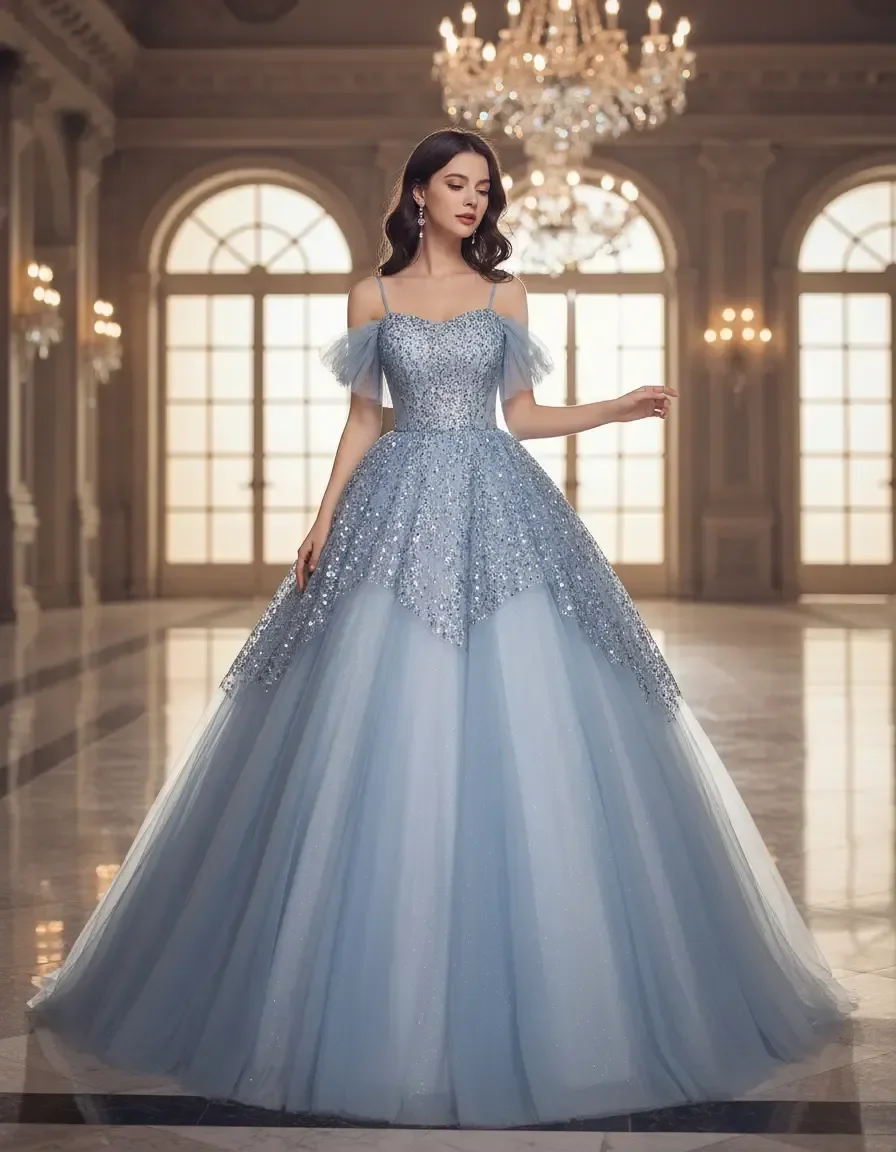

Dusty Blue Sweetheart Off Shoulder Ball Gown for Quinceanera Prom Evening Party Wedding Guest Formal Occasion