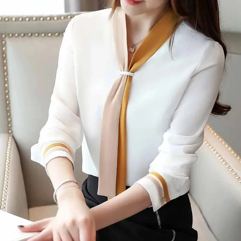 Autumn Office Shirt Vintage Long Sleeve Chiffon Blouses Casual Solid Loose Tops Elegant V-Neck Women Clothing Blusas Mujer  7188