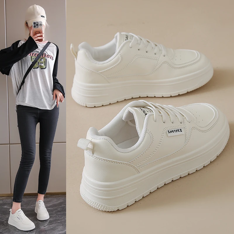 

Women's Platform White Sneakers 5CM Heel Lace Up with Anti Collision Toe Comfortable Lining Stable Heel Casual Daily Shoes