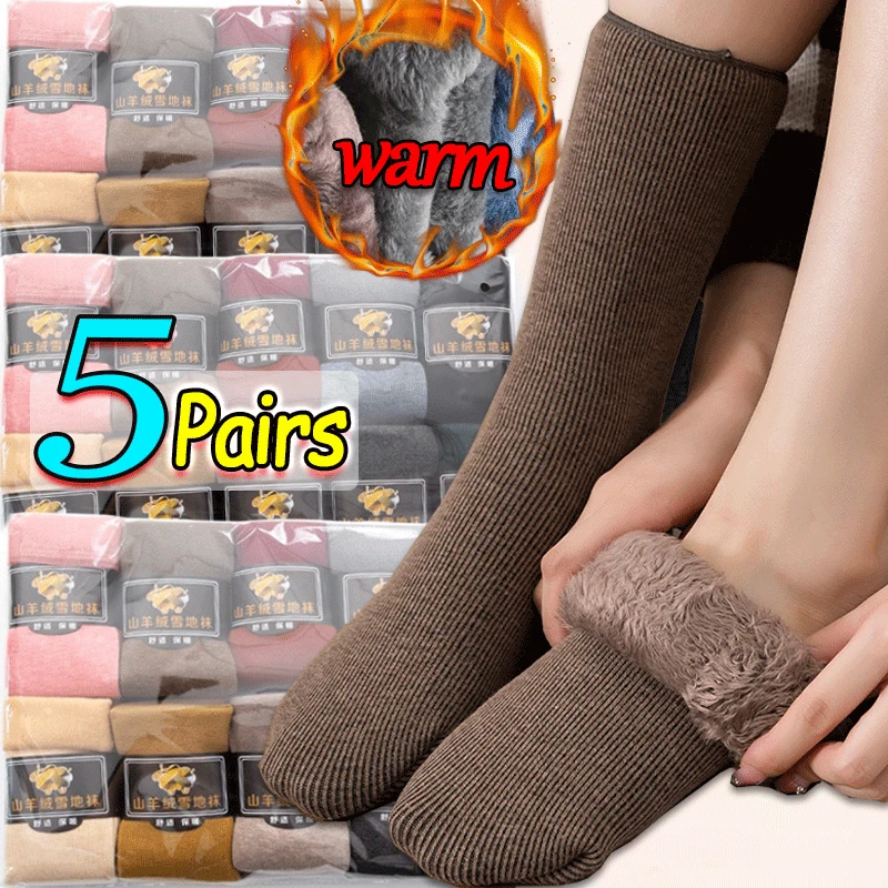 Women Men Winter Socks Warm Thickened Thermal Snow Boots Floor Home Sleeping Socks Solid Color Soft Velvet Wool Cashmere Socks