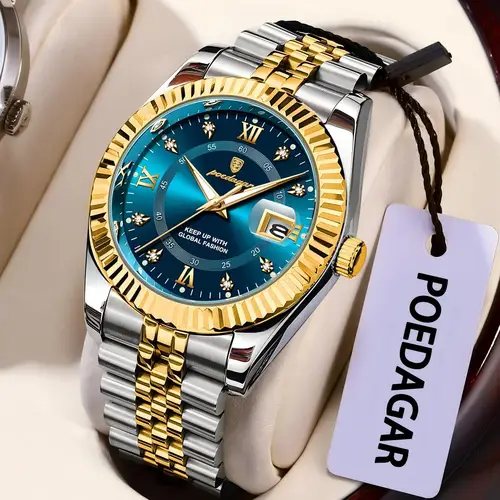 Imagen 1 del producto Reloj de pulsera POEDAGAR informal a la moda para hombre, Reloj luminoso resistente al agua con fecha para hombre, relojes de negocios de cuarzo de acero inoxidable para hombre