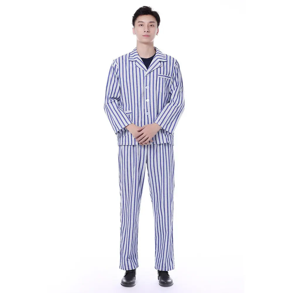 1 Juego de Pijamas de Hospital para Pacientes, Camiseta de Dormir de Algodón de Manga Larga con Cuello Abierto y Bolsillos Delanteros, Rayas Azules y Blancas, Talla 3XL para Adultos