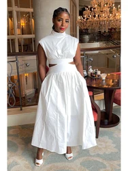 Mock Neck Sleeveless Cutout White Maxi Dresses A-Line Elegant Pockets Summer Fashion Casual Party Hollow Out Long Dresses 2024