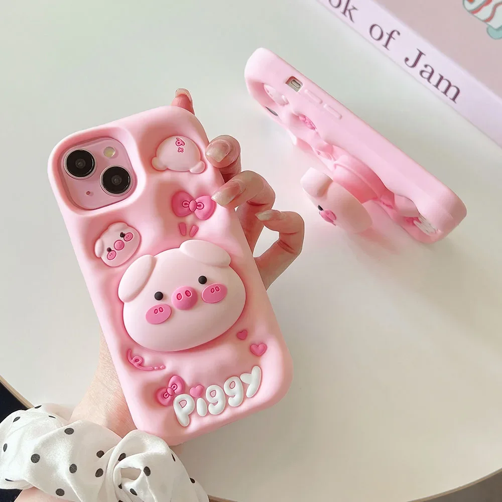 Korean Cute Pink Bow 3D Pig Stand Holder Silicone Phone Case For iPhone 15 14 13 12 Pro Max 11 Funny Gift Shockproof Soft Cover