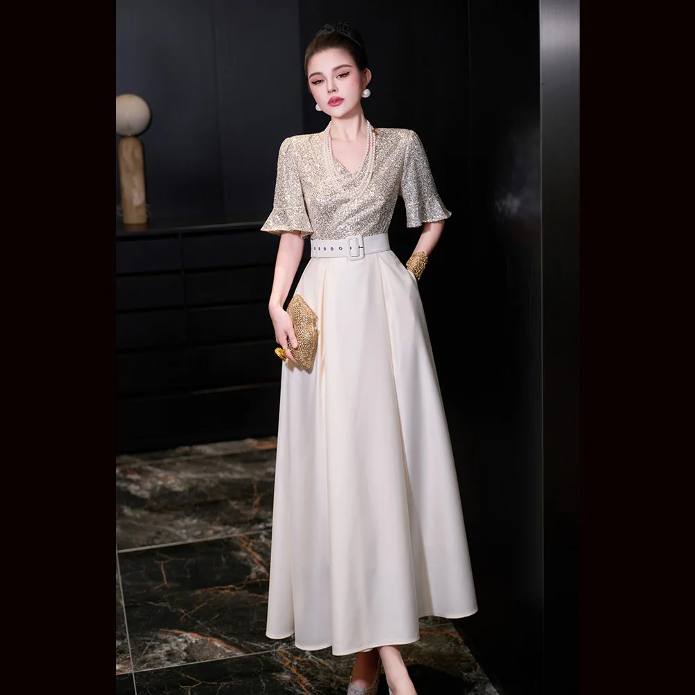 Meyyithun robe de soirée à paillettes pour femmes, col en v, manches courtes, robe de soirée à paillettes, 20251113MX01