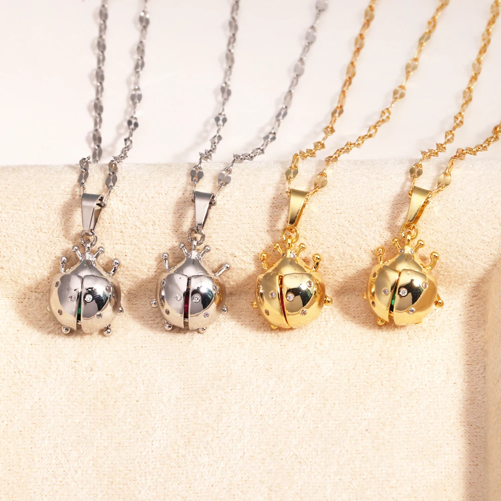 Gold Color Stainless Steel Ladybug Pendant Necklaces For Women Fashion Colorful Zircon Charm Animal Necklace Female Jewelry