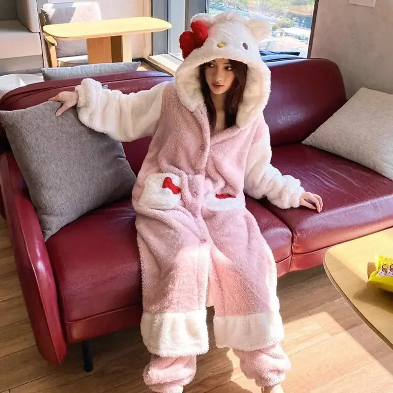 Hello Kitty Kawaii Sanrio Cute Bow Furry Pajamas Autumn And Winter Sweet Girl Long Pajama Anime Plush Couple Loungewear