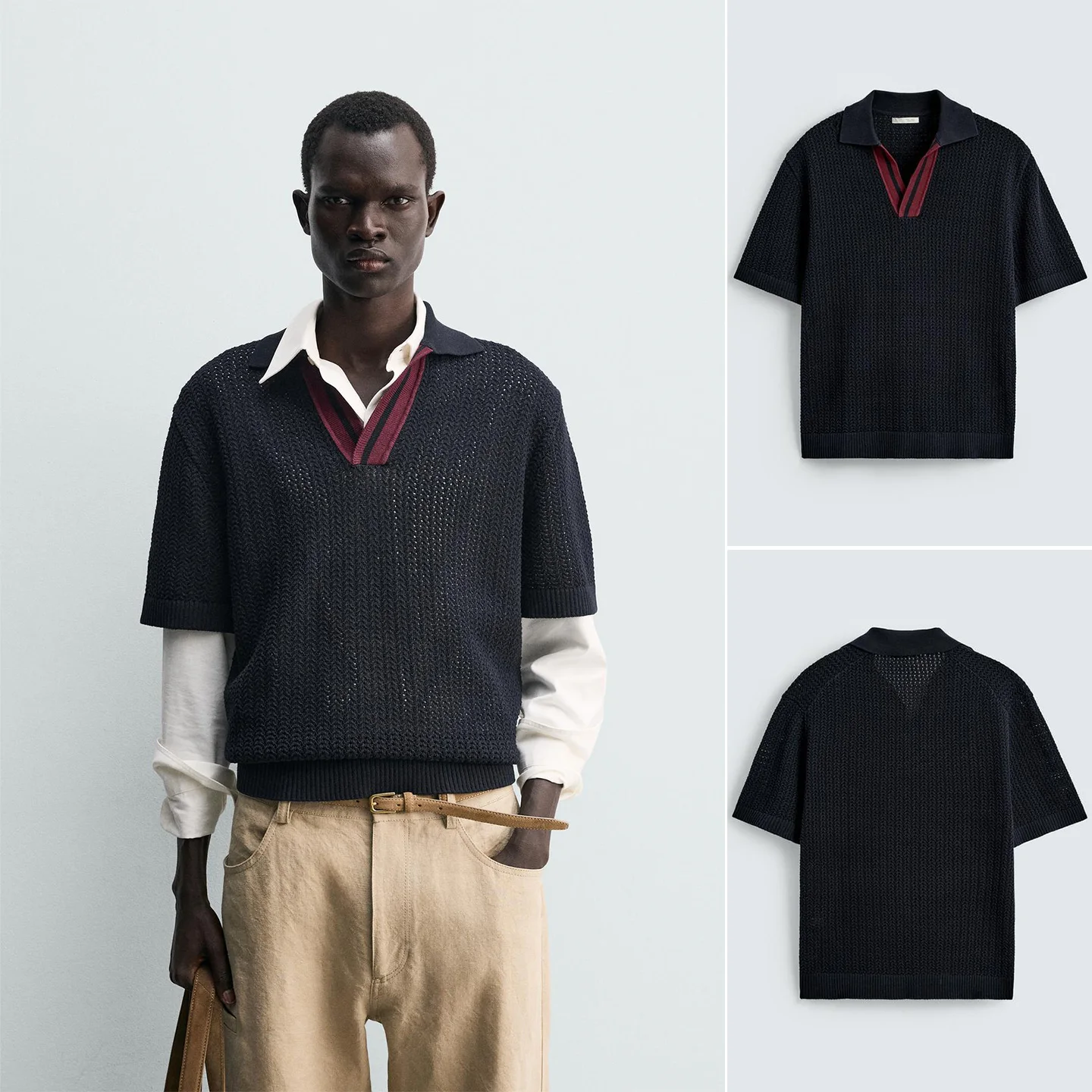 

Новая летняя мужская трикотажная рубашка прямого кроя с коротким рукавом, в рубчик, с цветными вставками на воротнике, из полиэфирного волокна