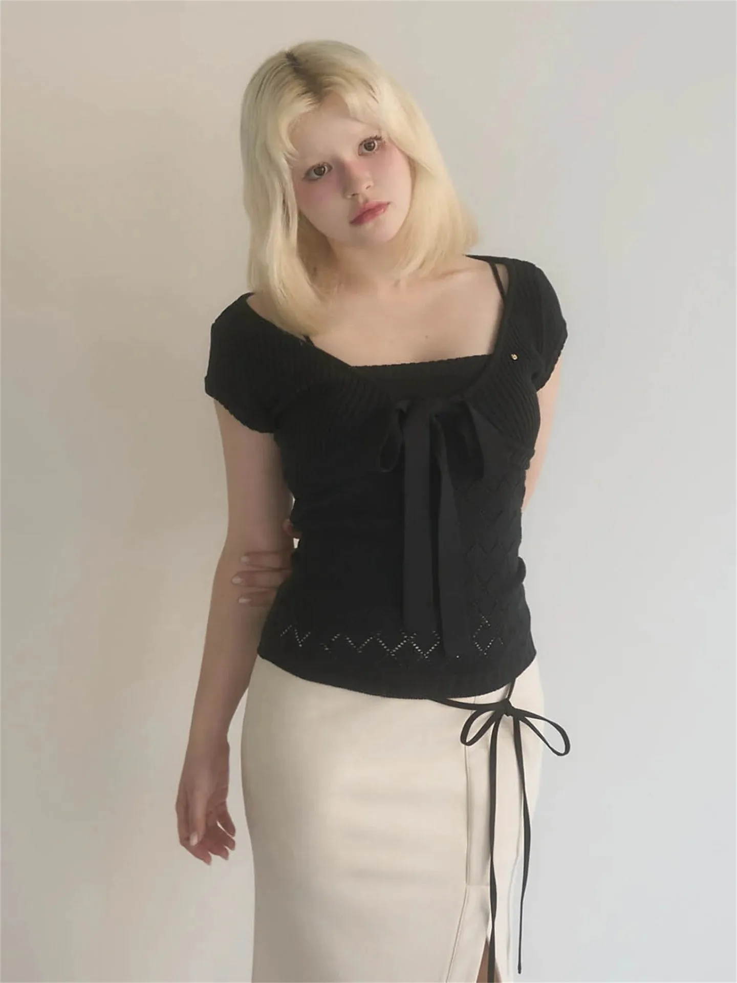 Japanese Style New Pure Desire Style Girl Bow Slimming Diamond Grid with Chest Cushion Vest Cardigan Knitted Top for Women