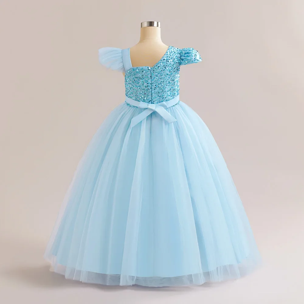 Puffy Girls Party Dresses Elegant Kids Wedding Gala Prom Gown Sequined Bow Children Birthday Princess Dress For Girl Clothes