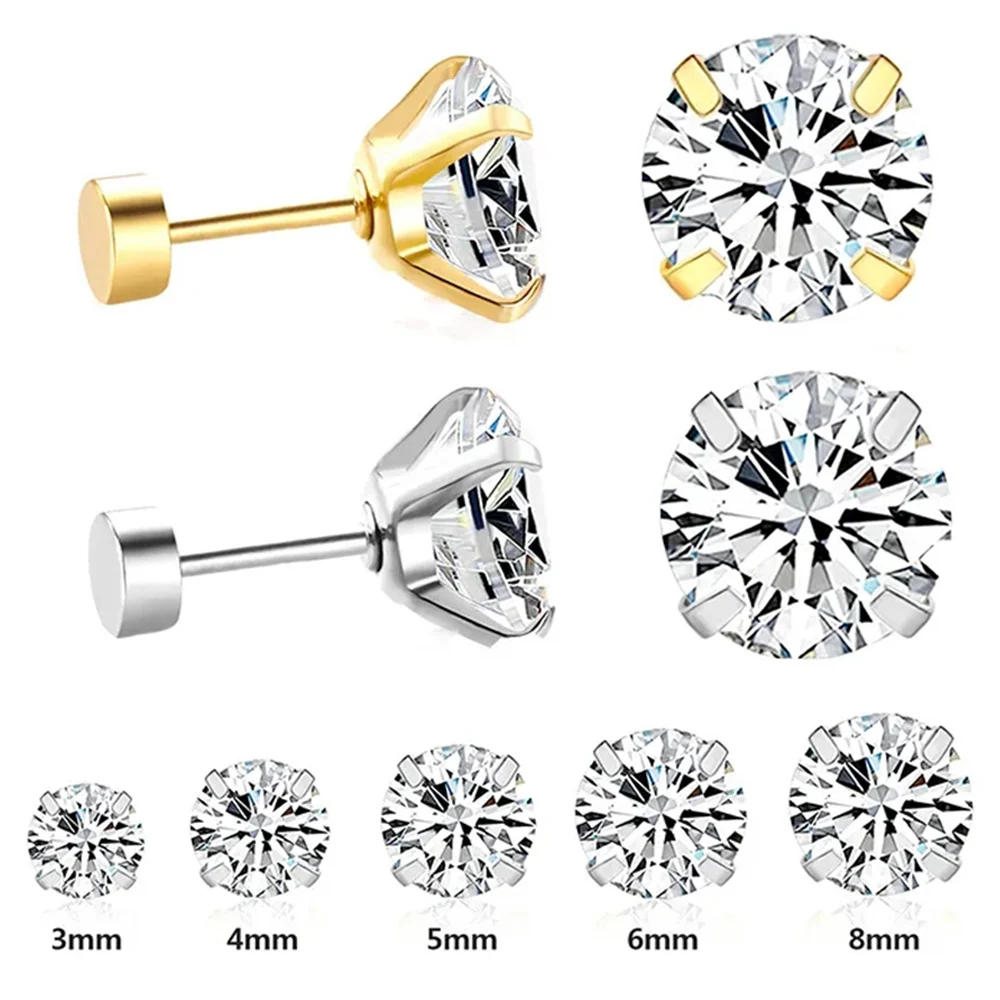 LUXUSTEEL 1Pairs/2Pcs Stainless Steel Crystal Studs Earrings For Women Men 4 Prong Tragus Round Clear Cubic Zirconia Ear Jewelry