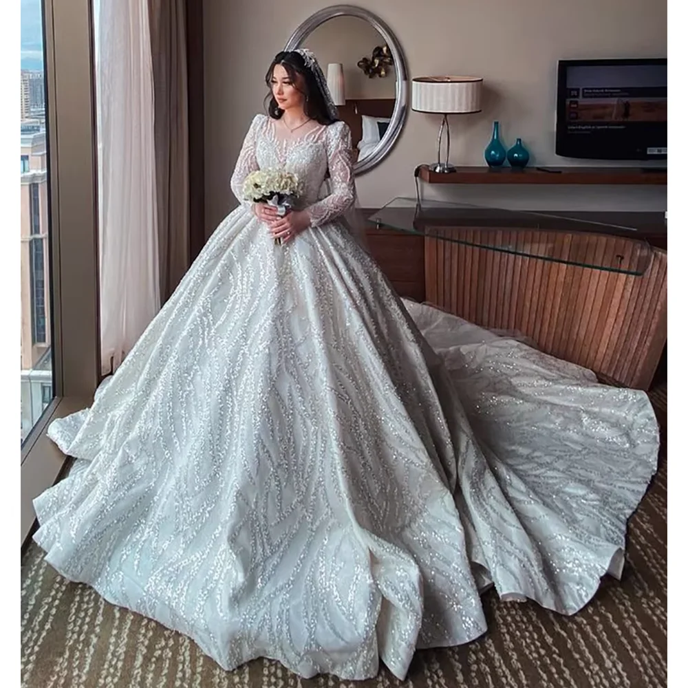 

Exquisite Pearls Wedding Dresses Sequined Beads Sweetheart Ball Gowns Elegant Long Sleeves Court Train Lace Bridal Dresses