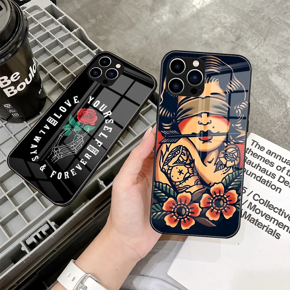 Cool Old School Tattoo Phone Case 2023 For IPhone 15 14 Pro 13 11 12 XR XS MAX 7/8 X Plus 13 Black Glass Covers