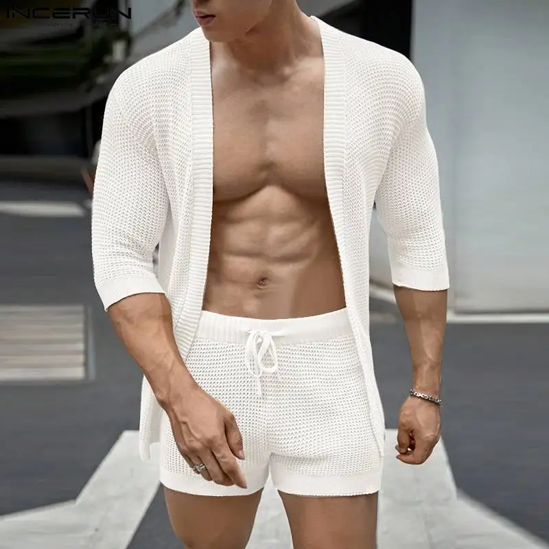 INCERUN 2023 Korea Style Sexy New Men\'s Sets Medium Sleeve Cardigan Shorts Casual Hollowed Solid Color Male Two Piece Sets S-5XL