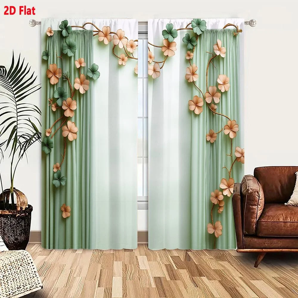 2Pcs Curtains 2D Flat Decorative Mint Green Curtains With Peach And Sage Floral Arrangements Window Drapes for Bedroom Room Deco