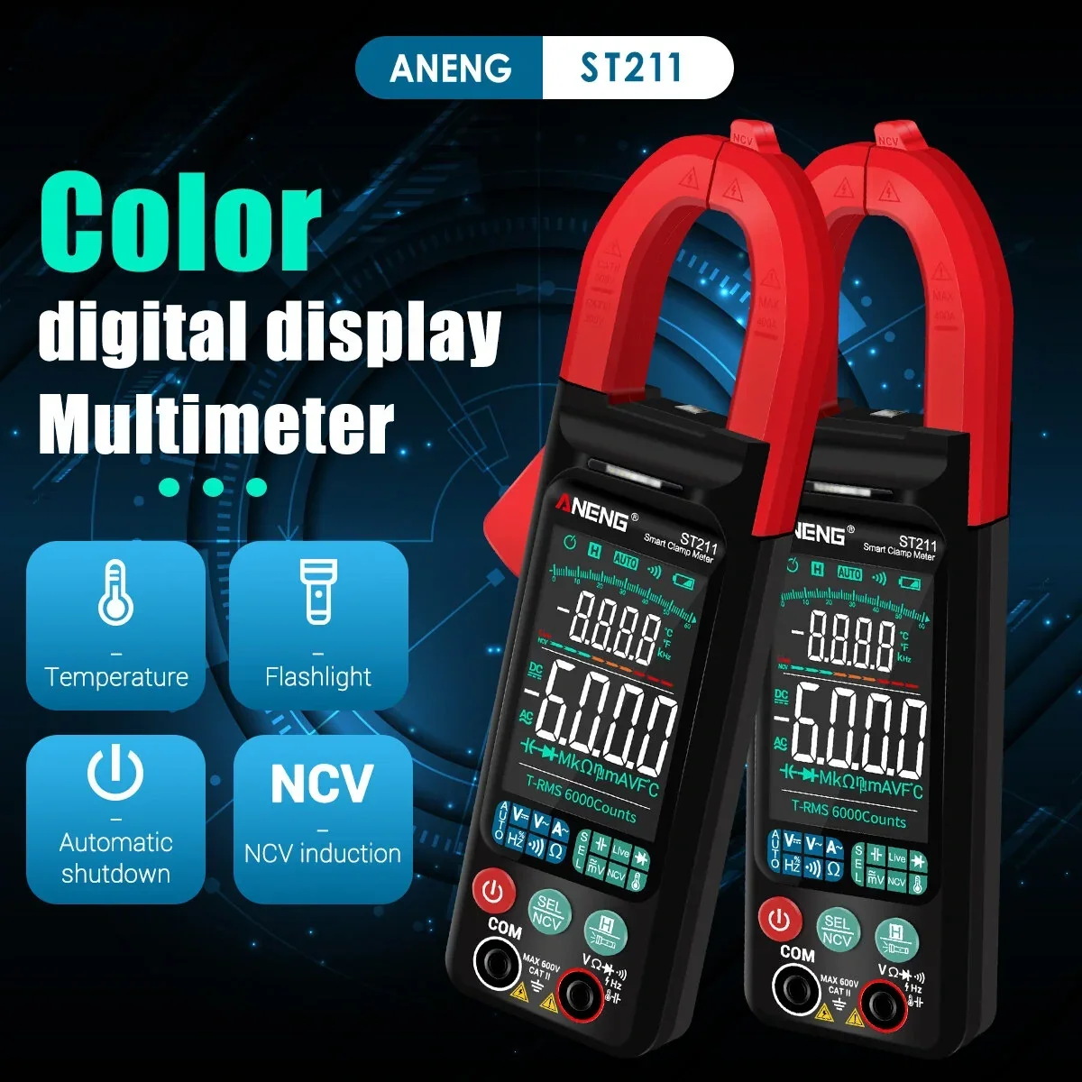 ANENG ST211/ST212 6000 Counts Digital Clamp Meter DC/AC Current 400A Multimeter Large Color Screen Voltage Tester Car Hz NCV Ohm