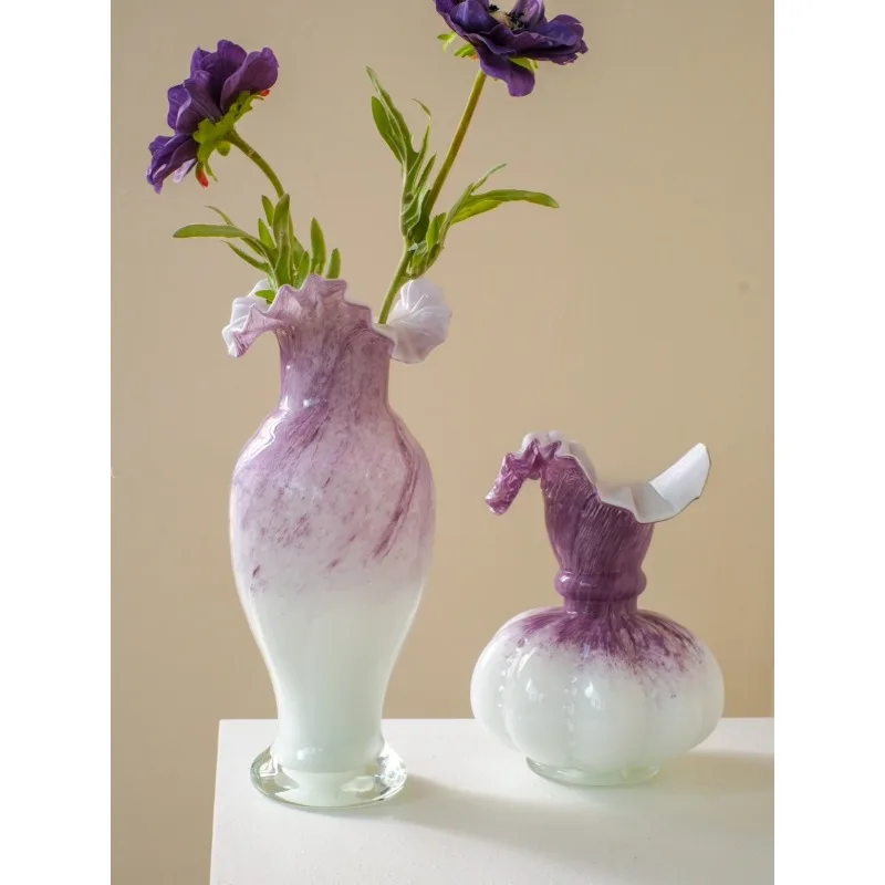 Wuwei Time Hall, medieval Fenton style purple gradual change retro French handmade glazed vase flower arrangement