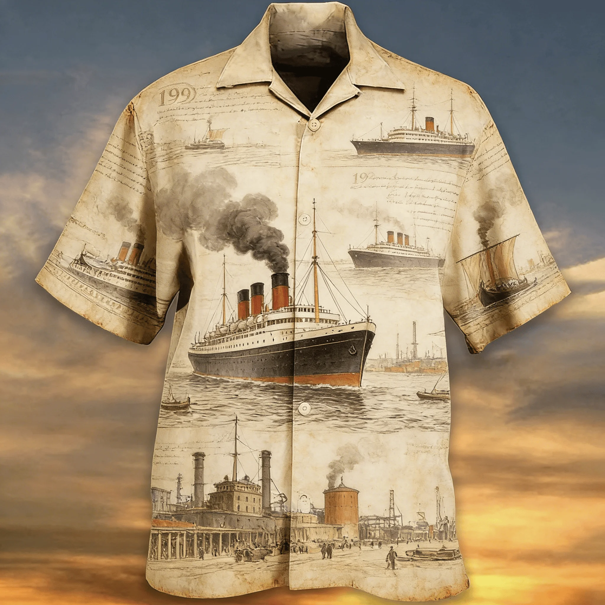 

Men's Summer Casual Shirt, Retro Vessel Sketch on Aged Paper, Turn-Down Collar Top for Nautical & Vintage Lovers