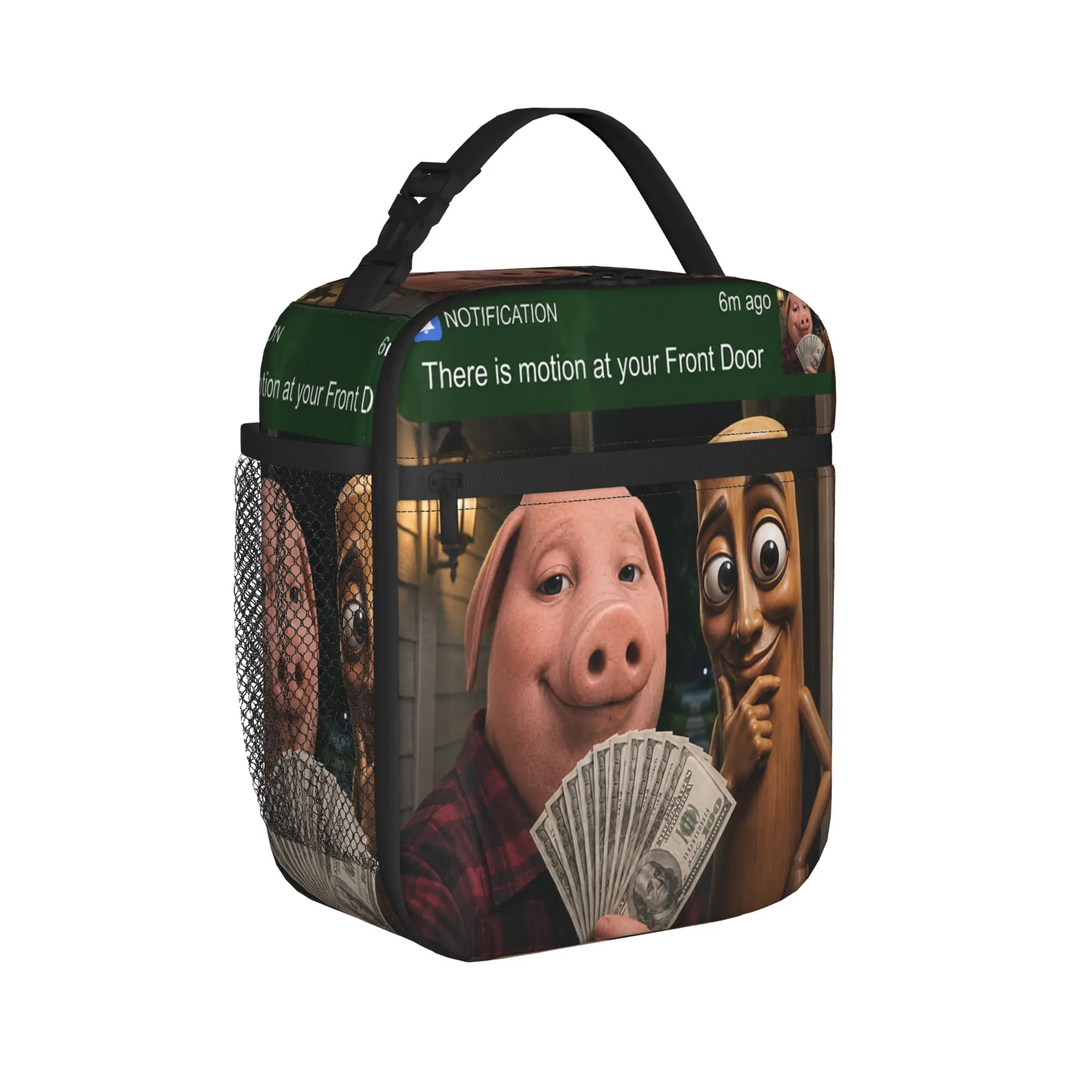 Tung Tung Tung Sahur John Pork Motion at Your Front Door Lunch Bag Lunch Box Men Picnic Cooler Bag Retro Oxford Tote Handbags