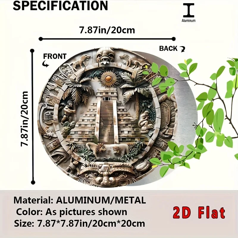 1pc 2D Round Metal Tin Sign, Mayan Pyramid Ancient Stone Carving Plaque, Vintage Culture Art Wall Decor for Living Room Porch Ho
