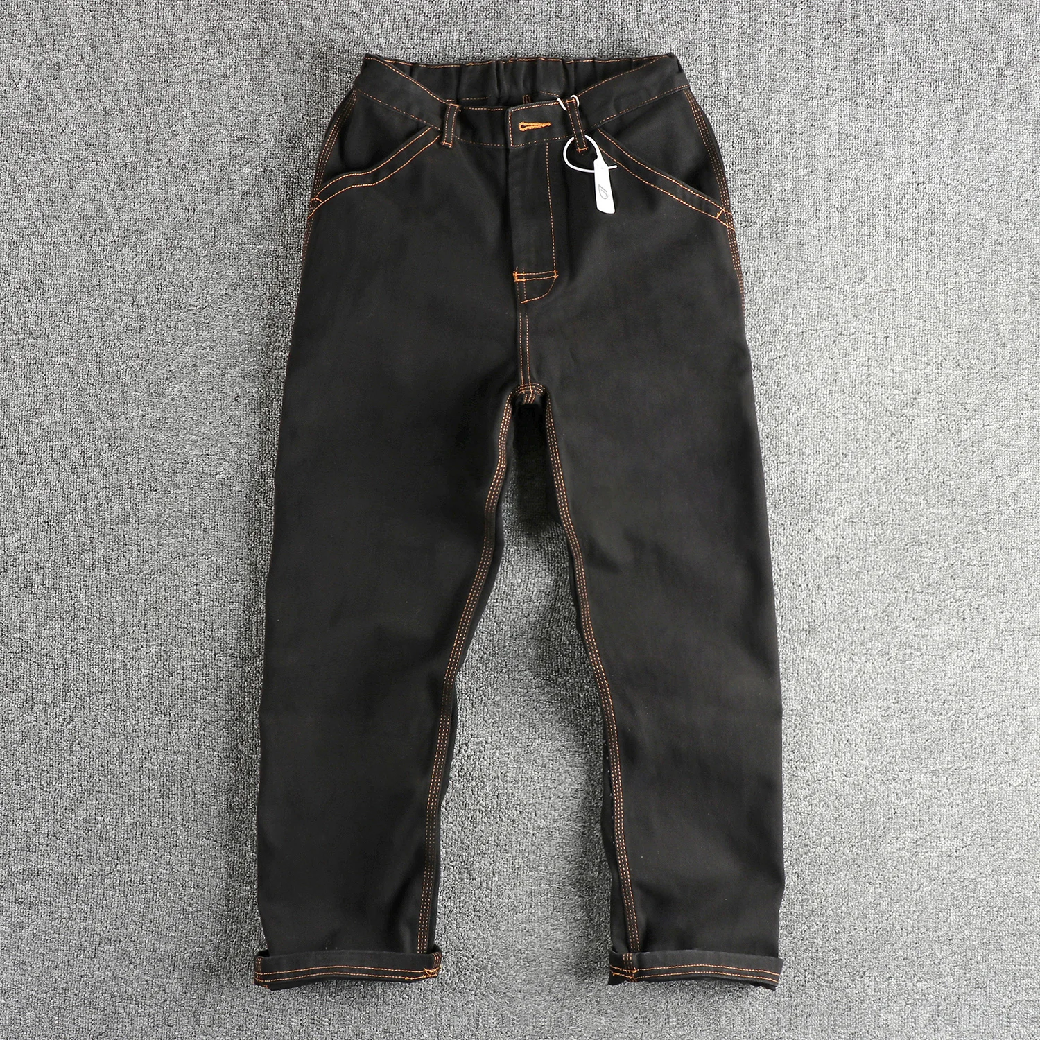 

High street retro brand loose straight leg jeans men's bright line design elastic waist all cotton wash casual pants