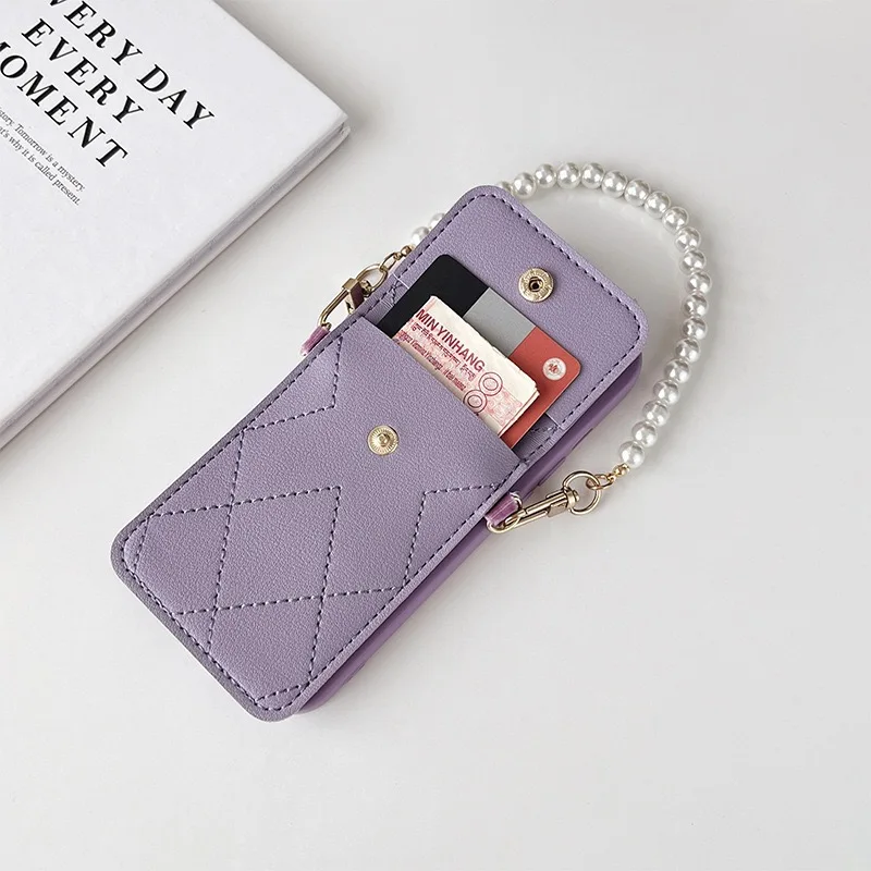 Pearl Strap Case For iPhone 17 16 14 13 12 11 15 Pro Max Plus X Wallet Card Slot Flower Crossbody Cord Lanyard Bumper Bag Cover