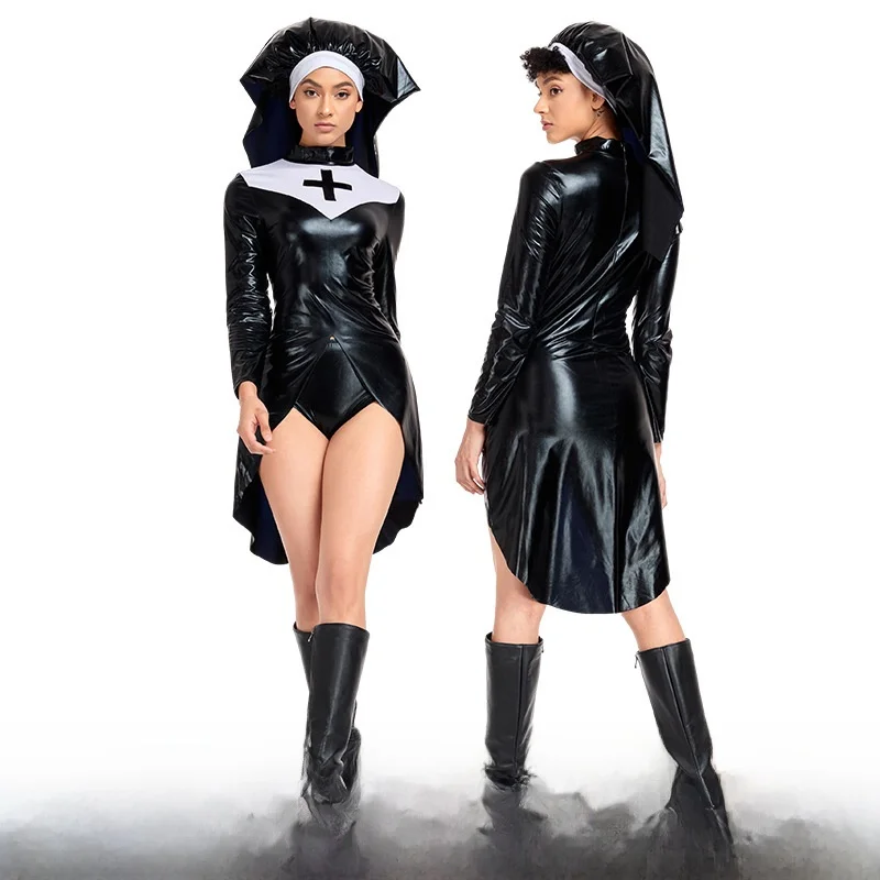 

Взрослый женский костюм монахини на Хэллоуин из искусственной кожи в стиле панк, костюм сестры с крестом, сумка через плечо, весна 2023, модный тренд