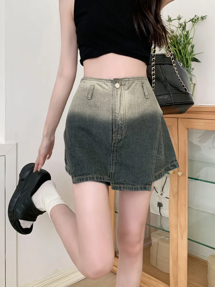 

High Waist Wide Leg Short Jeans Women's plus Size Summer Slimming A-Line Straight Cut Denim Skirt Pants Gradient Design Sensa...