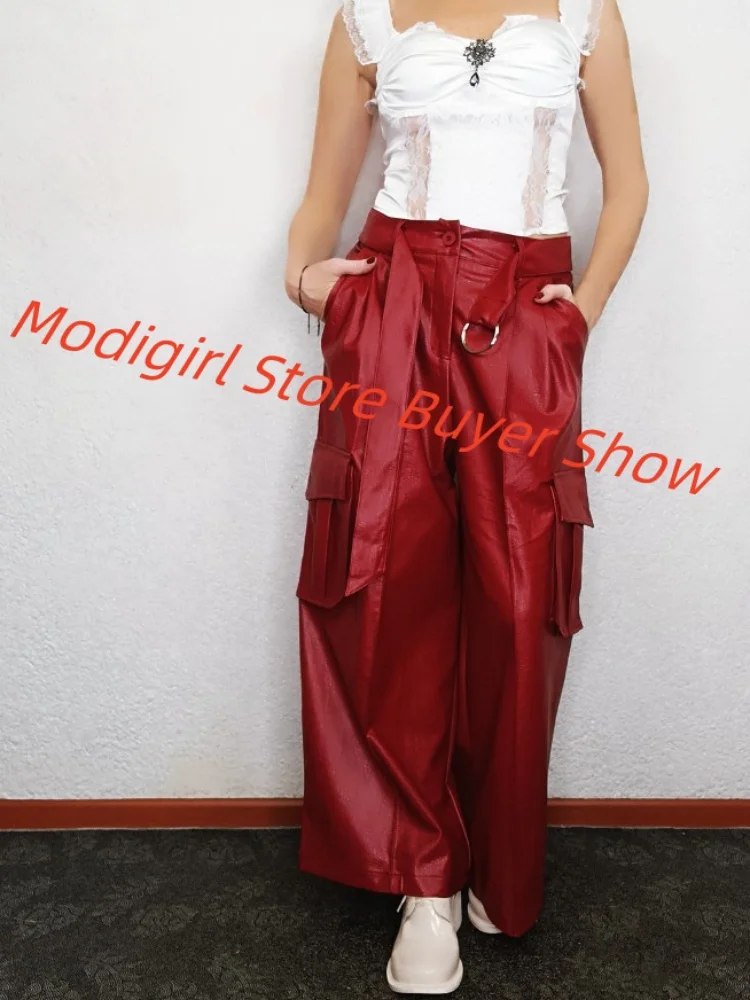 Modigirl Winter Women Faux PU Leather Pants Red Black High Waist Streetwear Clothes Womon 2024 Oryginalne spodnie z szerokimi nogawkami