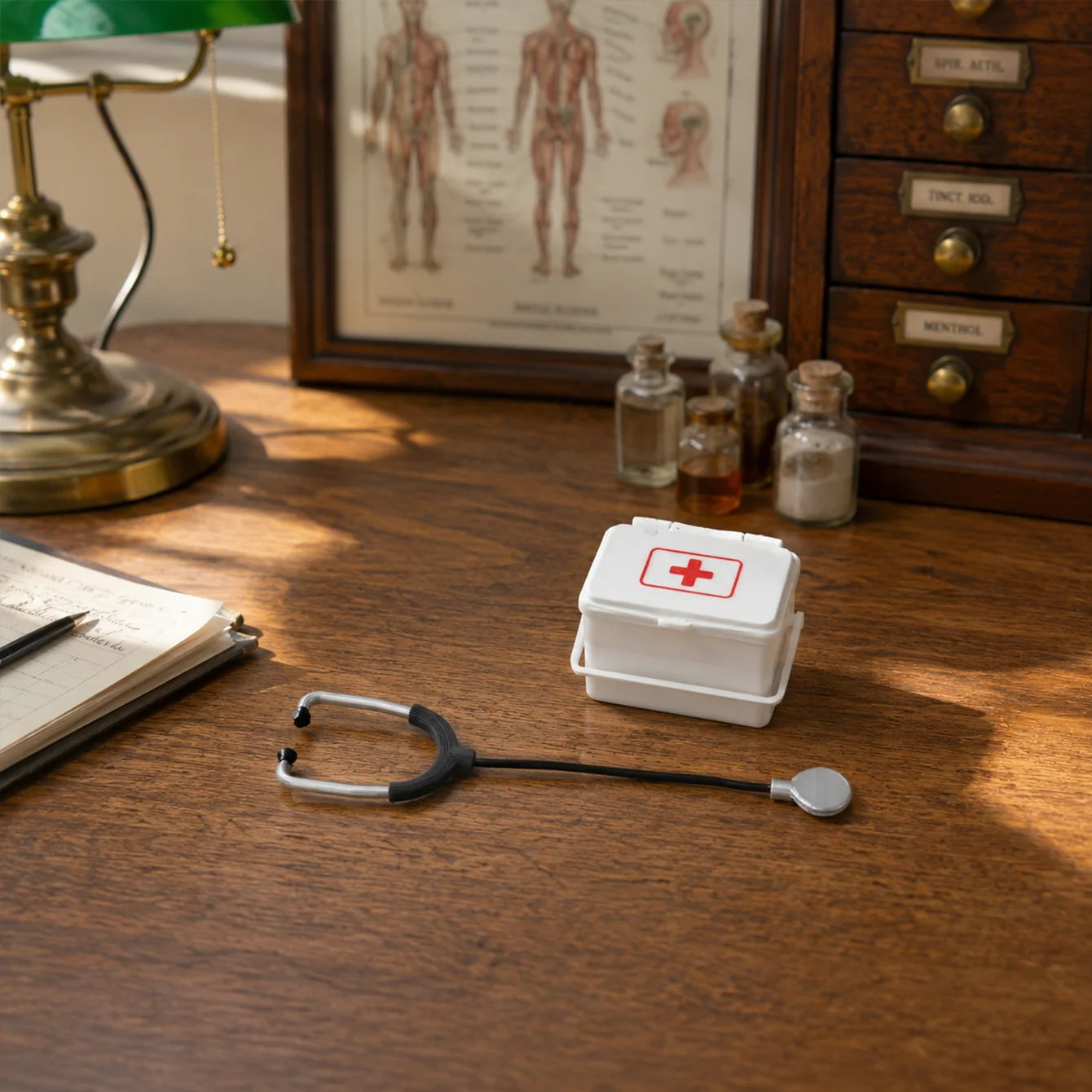 2pcs Pocket Sized Red Cross First Aid Kit with Stethoscope, with the Ability to Open the Box. Microscopic Medical Toy Accessorie