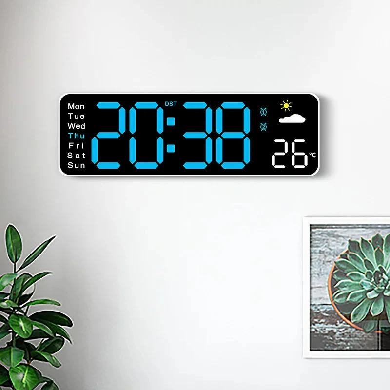 USB-betriebene große digitale Wanduhr, Temperatur- und Datum, Wochenanzeige, Wetteruhr, Helligkeit einstellbarer LED-Wecker