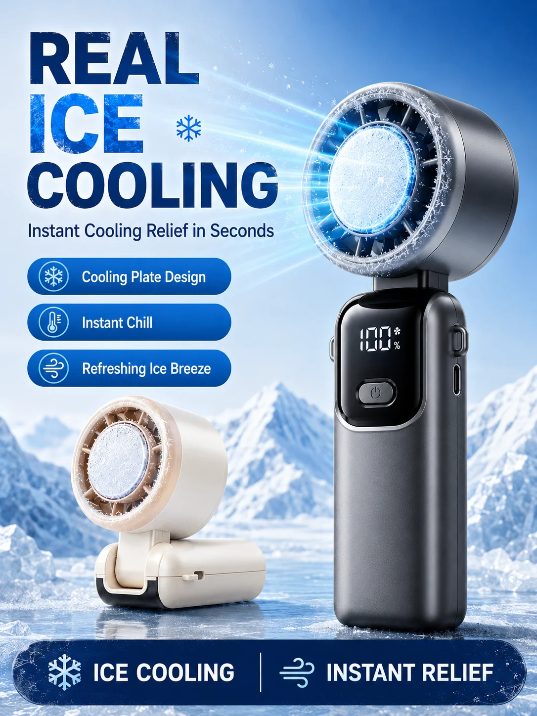 Portable Ice Cooling Fan 199-Speed Handheld Turbo Fan Foldable Mini Fan with LED Display Type-C USB Rechargeable Outdoor Cooler