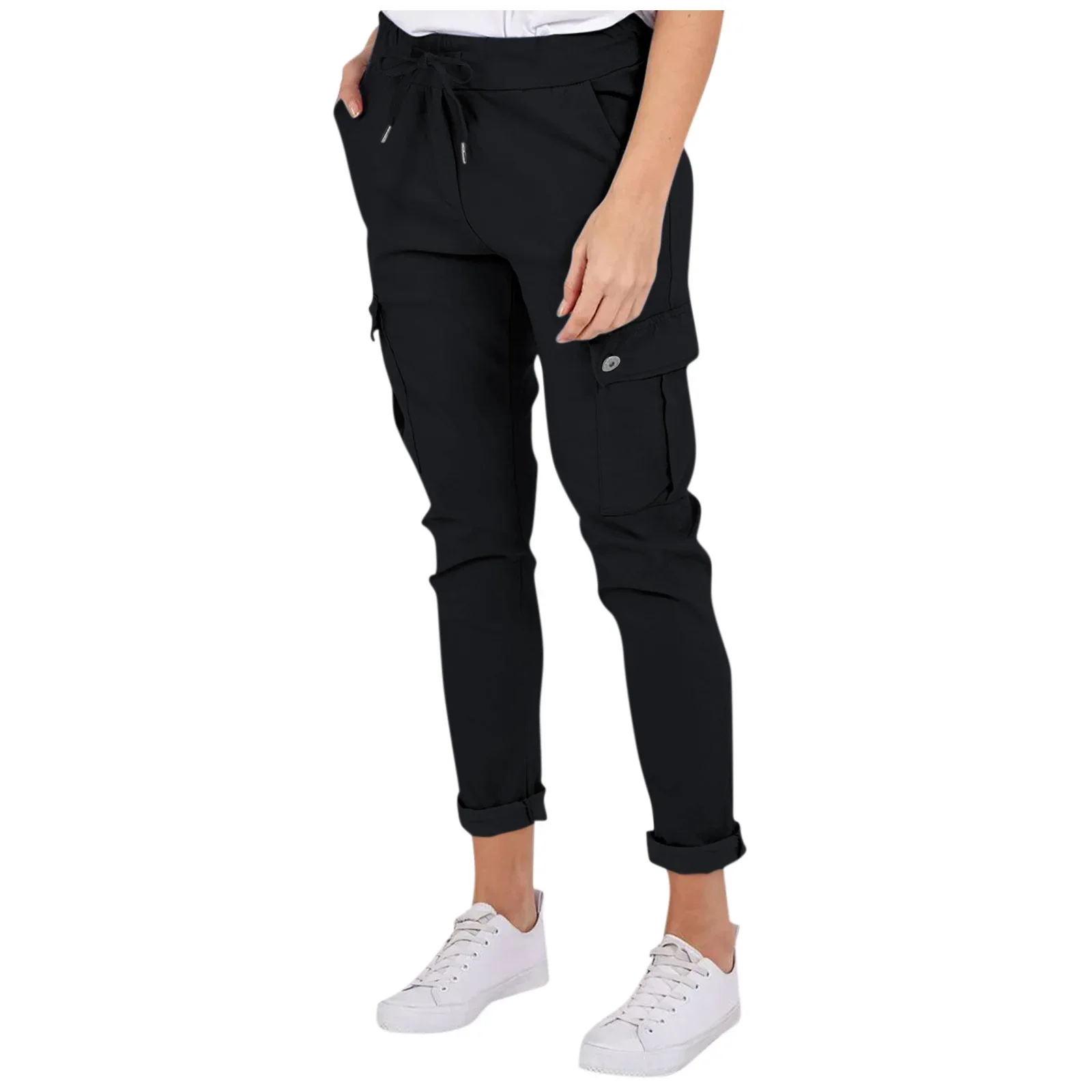 Casual Ladies Pants for Women High-waisted Cargo Pants Women Drawstring Elastic-waist Pants with Multiple Pockets Solid Trousers