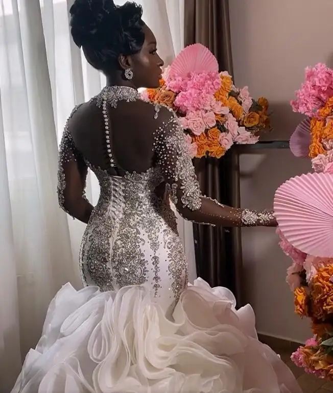 Vestido de novia personalizado árabe Aso Ebi lujoso con cuentas de cristales, cuello transparente, niveles de Organza, chica negra africana, vestido de novia sirena