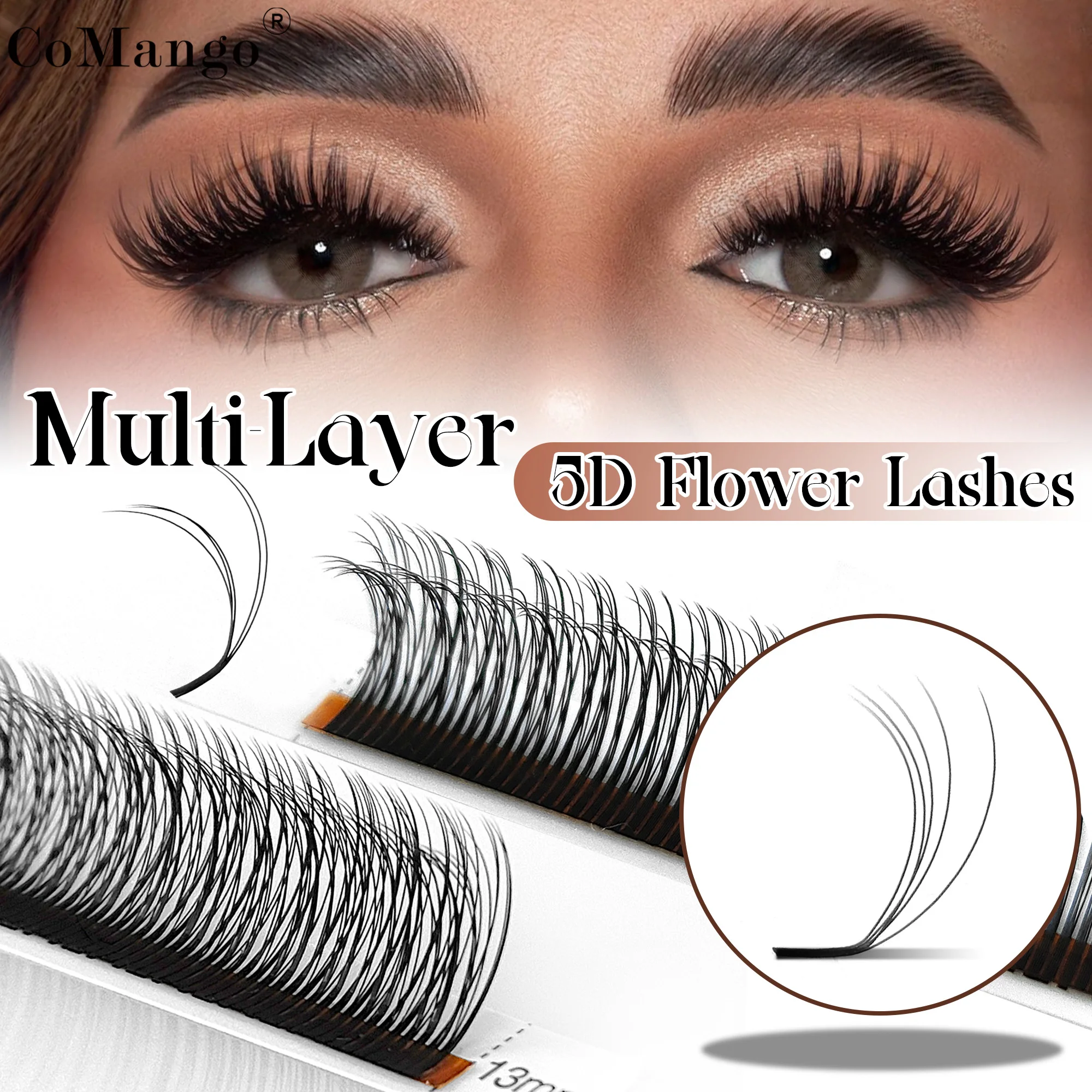 CoMango 5D-Mehrschicht-Wimpernverlängerungen, 12 Reihen, naturschwarz, vorgefertigte LC/LD-Wimpern für voluminöse, blütenförmige Wimpern