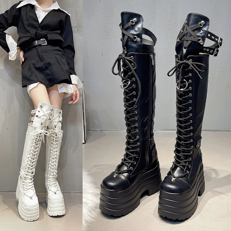 Punk Damenstiefel Cosplay Hohe Stiefel Komfortable Lange Overknee-Stiefel Plateau Hohe Keilabsätze Damenschuhe im Gothic-Stil – Detail 6