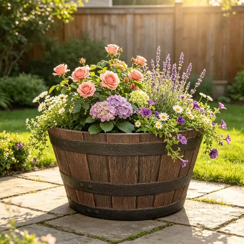 15 Inch Rustic Outdoor Whiskey Resin Flower Pot Barrel Planter Brown Planter Vintage Wood Grain Nestable Outdoor Flower Pot