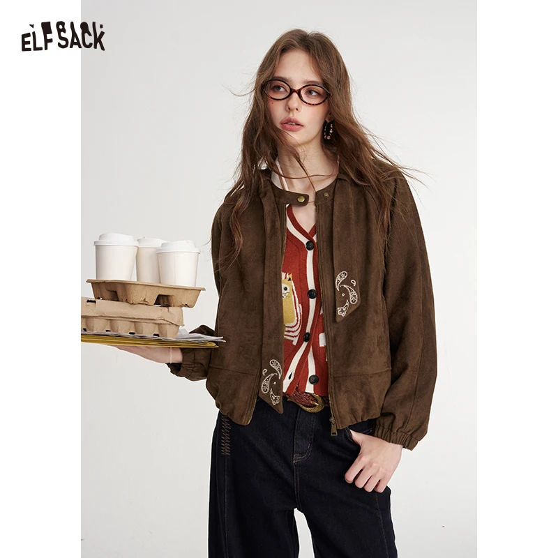 ELFSACK Neo-Chinese Cropped Bomber Jacket with Paisley Print, Vintage Stand Collar Outerwear, Casual Cozy Fall Top