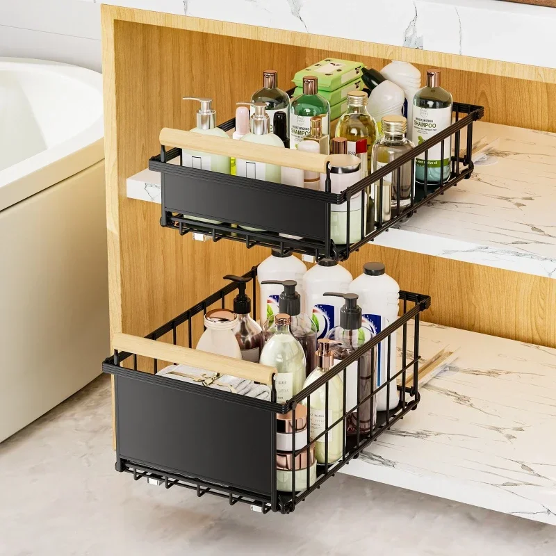 Multi-functional Kitchen Lower Sink Shelf Drawer Pull Basket Snack Storage Basket Striped Foldable Cabinet Pull-up Shelf