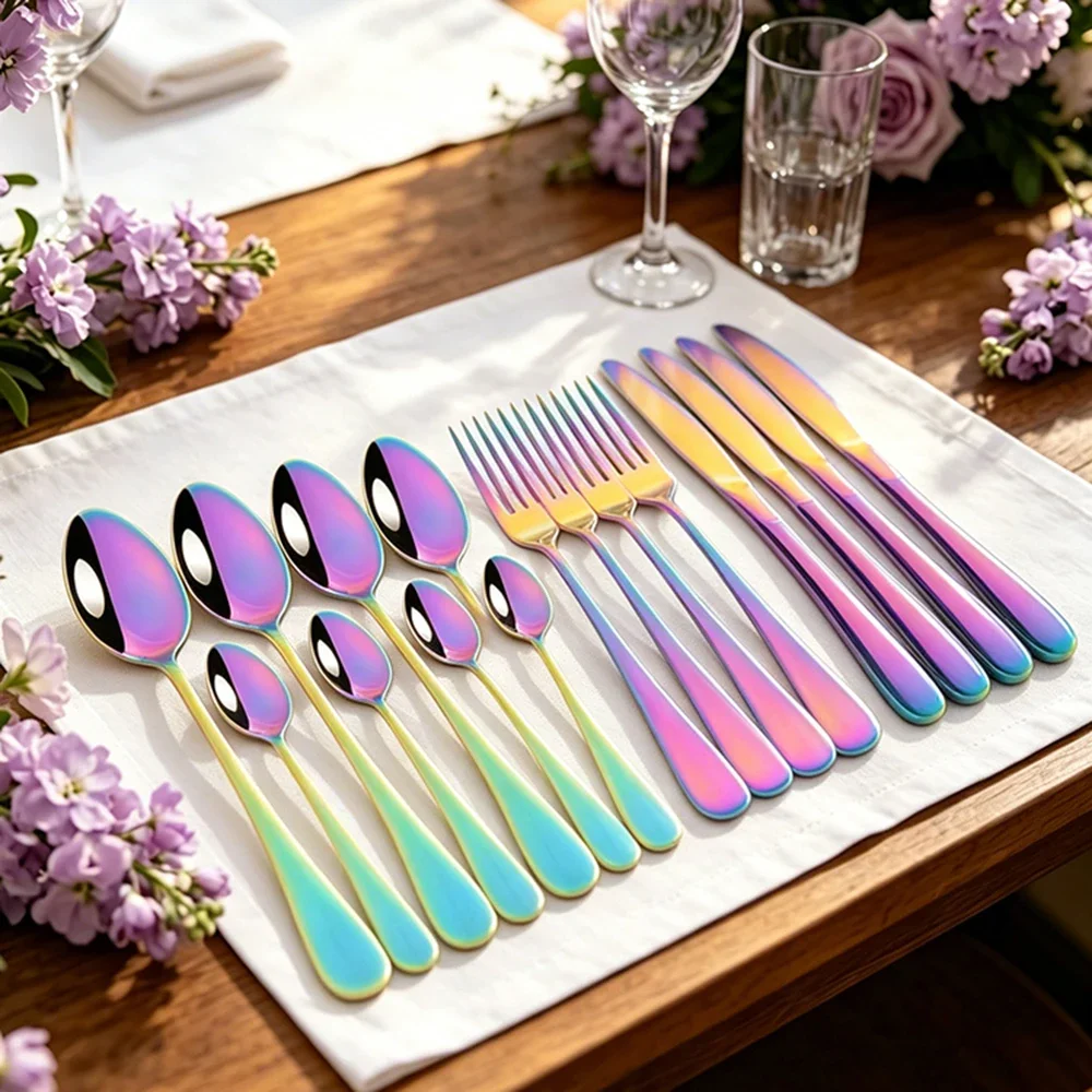 

16Pcs Rainbow Dinnerware Set Knife Fork Coffee Tea Spoon Cutlery Set Stainless Steel Tableware Western Home Kitchen Flatware